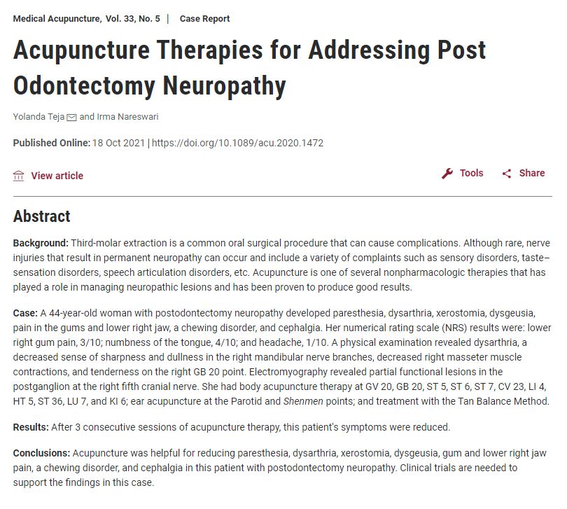 Acupuncture Therapies for Addressing Post Odontectomy Neuropathy - 